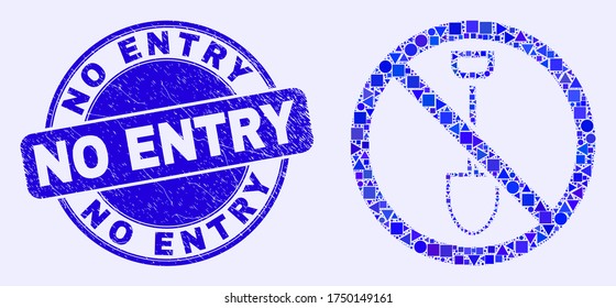 Pictograma de mosaico de paro geométrico y marca de agua sin entrada. Marca de agua azul vectorial redondeada con subtítulos No Entry. mosaico abstracto de paro de excavación combinado de esfera, trillado,