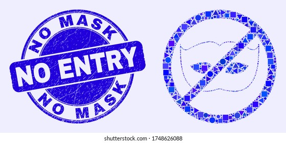 Geometric stop privacy mosaic icon and No Mask No Entry seal stamp. Blue vector round distress seal stamp with No Mask No Entry text. Abstract composition of stop privacy created of sphere, triangles,
