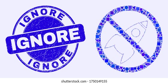 Icono de mosaico del cohete del espacio de parada geométrica e Ignorar sello de sello de sello. Sello de sello de sello de borrón redondeado vector azul con la frase Ignore. Concepto abstracto del cohete espacial de parada compuesto por trípicos esféricos,