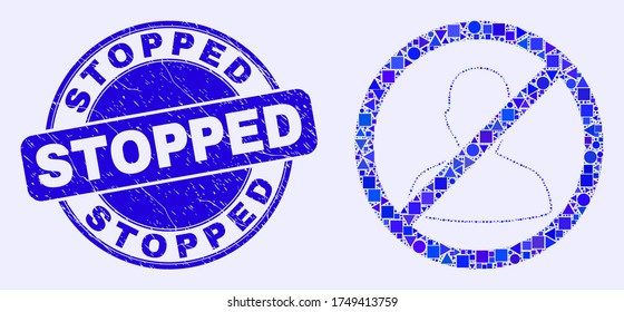 Geometric stopped user mosaic icon and Stopped stamp. Blue vector round scratched stamp with Stopped message. Abstract composition of stopped user made of round, tringle, square geometric items.