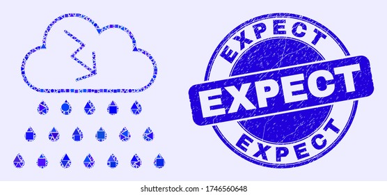 Geometric storm cloud mosaic pictogram and Expect seal stamp. Blue vector round distress seal with Expect message. Abstract mosaic of storm cloud created of sphere, tringle, square geometric items.