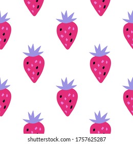Geometric strawberries seamless pattern on white background . Strawberry endless wallpaper. Decorative backdrop for fabric design, textile print, kitchen textiles, wrapping, cover. Vector illustration