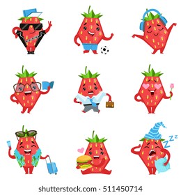 Geometric Strawberry Character In Funny Situations