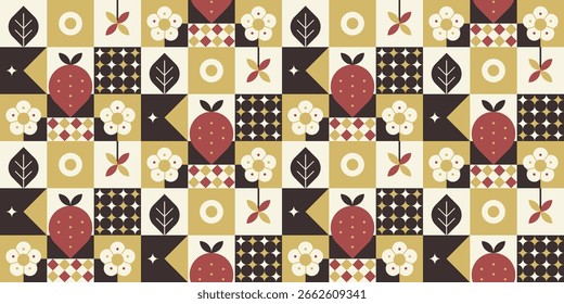 Geometric Strawberry and Floral Tile Composition