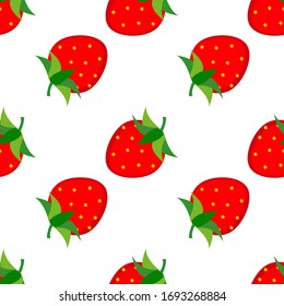 Geometric strawberry fruit seamless patten in flat style. Garden fruits pattern. Strawberries wallpaper isolated on white background. Design for textile, package. Vector illustration