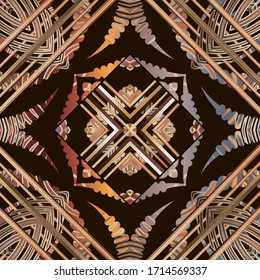 Patrón transparente 3d de vector con bandas geométricas. Fondo texturado de grunge floral. Repita el contexto abstracto moderno. Elegante adorno. Flores, marcos hombus, formas, líneas, rayas. Diseño simétrico