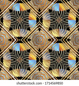 Geometric striped 3d vector seamless pattern. Floral grunge textured background. Repeat modern abstract backdrop. Elegant  ornament. Flowers, rhombus frames, shapes, lines, stripes. Ornate design.