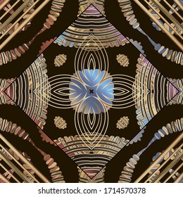 Geometric striped 3d vector seamless pattern. Floral grunge textured background. Repeat modern abstract backdrop. Elegant  ornament. Flowers, rhombus frames, shapes, lines, stripes. Symmetrical design