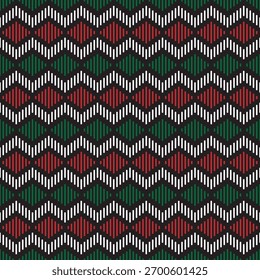 Geometric Striped Christmas Seamless Pattern with Red, Green, White on Black Background