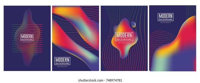 Geometric striped color minimalism cover vector set. Futuristic liquid 3d template. Abstract background on black.