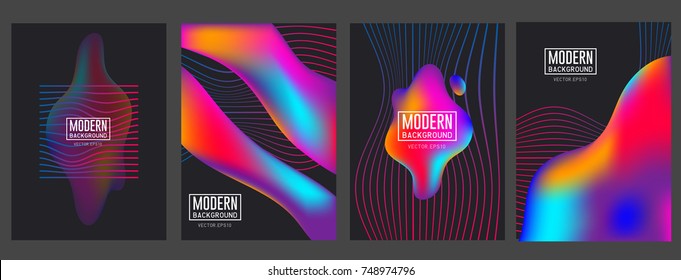 Geometric striped color minimalism cover vector set. Futuristic liquid 3d template. Abstract background on black.