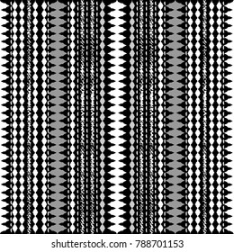 Geometric striped ethnic style seamless pattern. Vector abstract background with vertical grunge chalk lines, stitch stripes, borders, shapes, figures. Tribal ornaments for design, printing, fabric