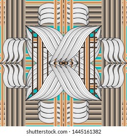 Geometric striped modern seamless pattern. Floral ornamental vector background. Abstract beautiful ornaments with flowers, stripes, lines, shapes. Repeat decorative design. For fabric, prints, wall