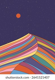 Geometric striped mountains. Wavy colorful landscape. 1960s retro poster