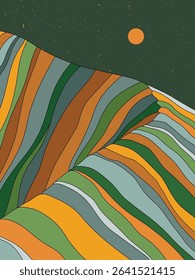 Geometric striped mountains. Wavy colorful landscape. 1960s retro poster
