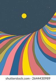 Geometric striped mountains. Wavy colorful landscape. 1960s retro poster
