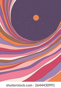 Geometric striped mountains. Wavy colorful landscape. 1960s retro poster