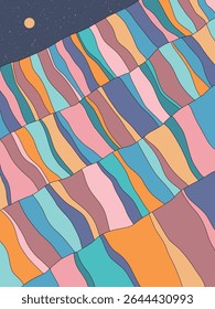 Geometric striped mountains. Wavy colorful landscape. 1960s retro poster