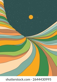 Geometric striped mountains. Wavy colorful landscape. 1960s retro poster