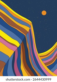 Geometric striped mountains. Wavy colorful landscape. 1960s retro poster
