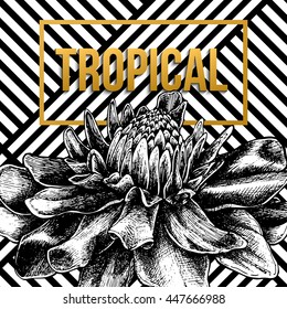 Geometric striped ornament with exotic tropical flowers. Print summer floral etlingera. Tropic card with gold text. Vector eps 10 format.