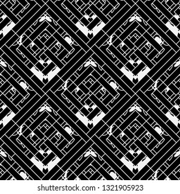 Geometric striped ornamental vector seamless pattern. Ornamental black and white abstract geometrical background. Elegant repeat decorative tribal style backdrop. Tiled patterned rhombus, stripes