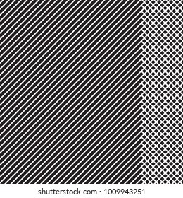 Geometric striped pattern with white continuous lines with checkered insert on black background. Vector illustration
