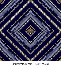Geometric striped rhombus seamless pattern. Vector abstract blue background wallpaper with gold 3d radial half tone rhombus, frames, dots, shapes, dotted lines, borders, stripes. Surface modern design