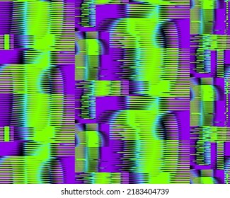 Geometric striped seamless texture with metaverse concept abstraction with glitch effect in trendy green violet. Modern tech background for wall, web banner, package, textile, poster, interior. 