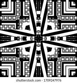 Geometric striped vector seamless pattern. Textured grid abstract background. Repeat black and white backdrop. Symmetrical tribal ornaments. Geometrical shapes, squares, stripes. Monochrome design.