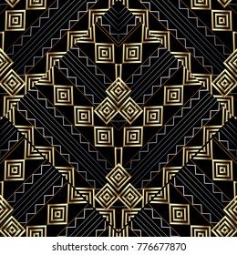 Geometric striped vector seamless pattern. Black and gold ethnic background. Tribal ornaments. Abstract tribe shapes, figures, zigzag, lines, rhombus, stripes. Aztec style. Design for wallpaper, print