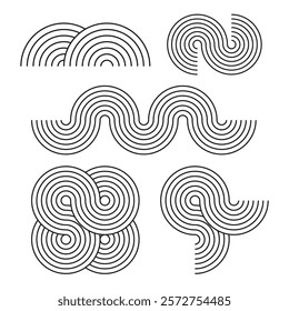 Geometric stripy design line art shapes set. Vector flat illustration