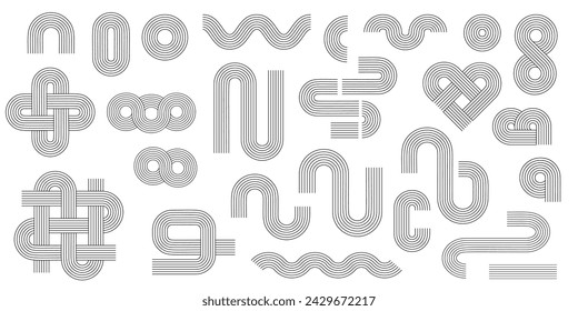 Geometric stripy pattern set. Aesthetic design line art shape. Boho shapes with line and stripes. Vector modern stroke art