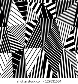 Geometric stripy seamless pattern, black and white vector background.