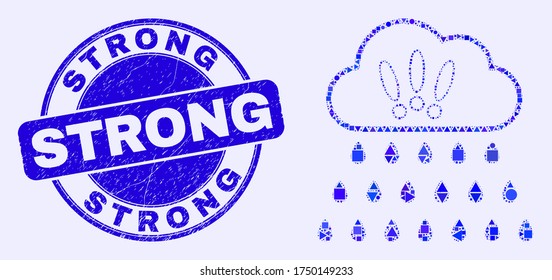 Geometric strong rain clouds mosaic icon and Strong seal stamp. Blue vector round distress seal stamp with Strong title. Abstract mosaic of strong rain clouds designed of round, triangles,