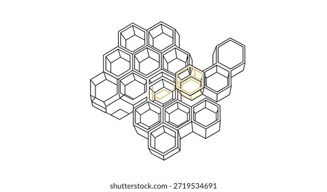 Esboço estrutural geométrico de vários favos de mel hexagonais interconectados com um destacado em ouro como um design de conceito criativo 3d.