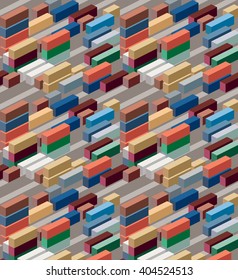 Geometric structure. 3d vector seamless pattern. Containers in cargo port. Railway car multicolored. Color cube. Quadrangular prism.