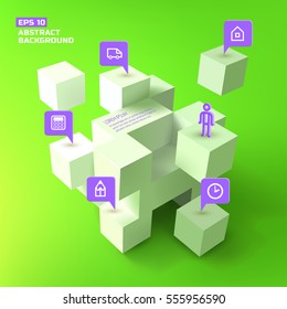 Geometric structure from 3d white cubes and business pointers of purple color on green background vector illustration