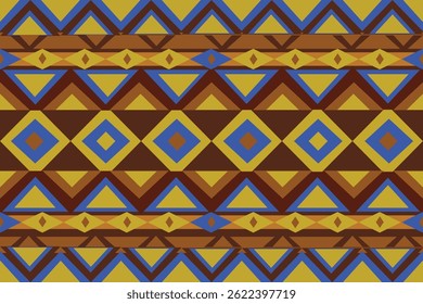 geometric structure composed primarily of triangles and diamonds. Dominant colors include yellow, brown, blue, and deep red, arranged in a repeating horizontal 