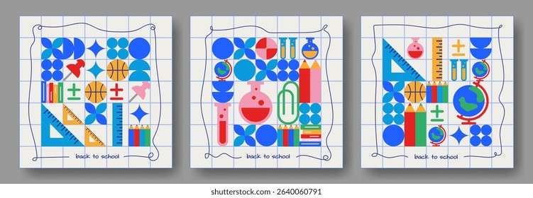 Geometric study pattern on grid paper - abstract educational shapes and school elements arranged in modern mosaic composition. Mathematics and chemistry symbols with learning tools for student design