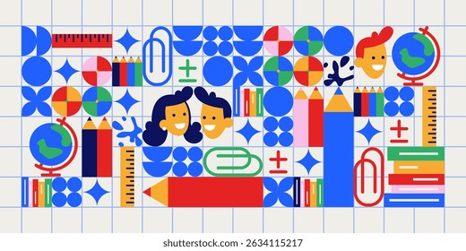 Geometric study pattern with school supplies - colorful shapes of circles and stars on grid background. Educational elements of pencils and rulers, books and paper clips, globe and student faces.