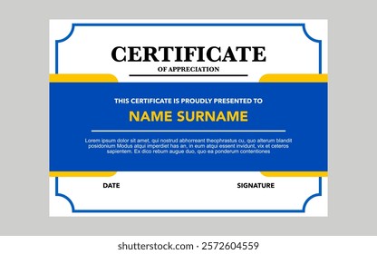 geometric style blue and gold color certificate template for education awards.