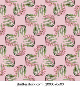 Geometric style botany tropic seamless pattern with palm leaf elements. Pink background. Doodle style. Vector illustration for seasonal textile prints, fabric, banners, backdrops and wallpapers.