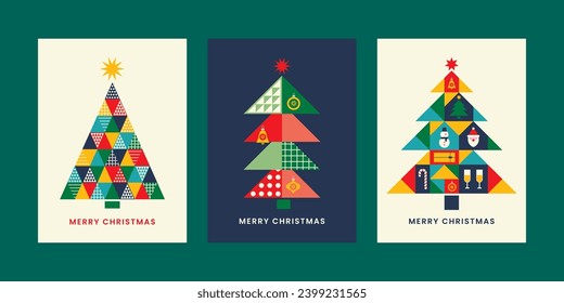 Árboles de Navidad de estilo geométrico. Feliz Navidad, diseño moderno de saludos. Colección de tarjetas de colores festivos con patrones geométricos y elementos de estilo plano