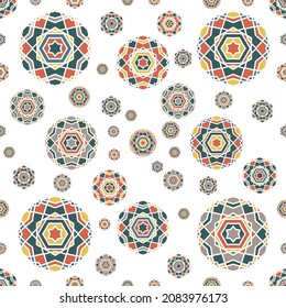 Geometric Style Circular Mandala Seamless Pattern with Decorative Elements. Beautiful Colors Like Flowers. Template Background Vector Illustration