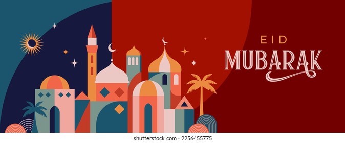 Geometric style colorful Islamic Ramadan Kareem banner, poster design. Mosque, moon, dome and lanterns. Minimalistic illustrations