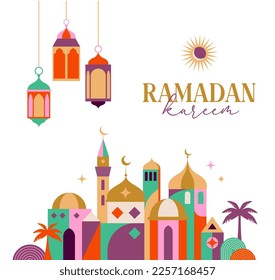 Geometric style colorful Islamic Ramadan Kareem banner, poster design. Mosque, moon, dome and lanterns. Minimalistic illustrations