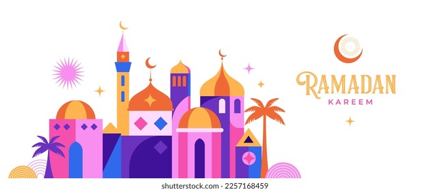 Geometric style colorful Islamic Ramadan Kareem banner, poster design. Mosque, moon, dome and lanterns. Minimalistic illustrations