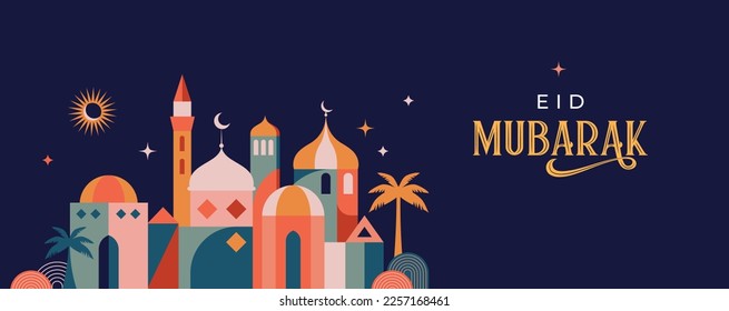 Geometrischer Stil bunter islamischer Ramadan Kareem Banner, Plakatdesign. Moschee, Mond, Kuppel und Laternen. Minimalistische Illustrationen