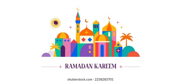 Geometric style colorful Islamic Ramadan Kareem banner, poster design. Mosque, moon, dome and lanterns. Minimalistic illustrations